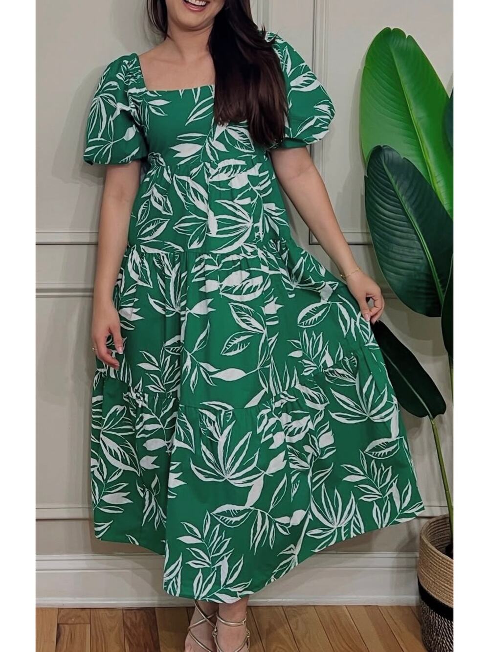 Meadow Rhodes Midi Dress Green & White Cotton Leaf Print A-line Puff Sleeve
